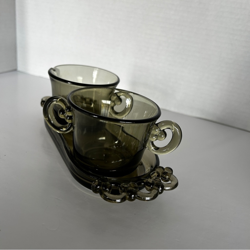 Perforal Cream and Sugar Set with Tray Josef Inwald Black Depression Glass